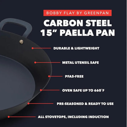 15 Carbon Steel PreSeasoned Paella Pan for Authentic Spanish Rice or Seafood