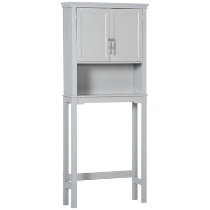 Modern over the Toilet Storage Cabinet, Double Door Bathroom Organizer with Inner Adjustable Shelf and Open Shelf, Grey