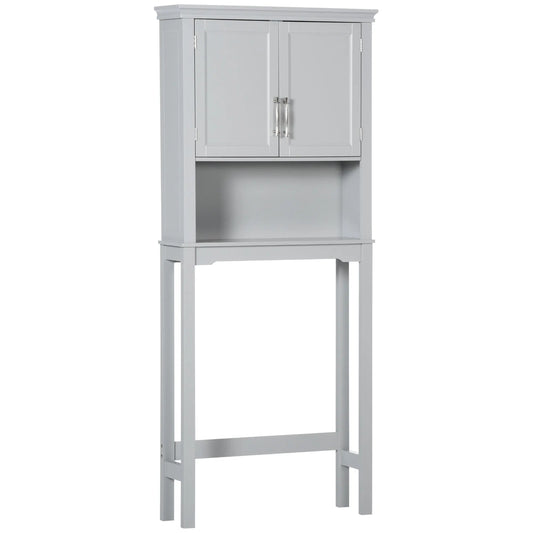 Modern over the Toilet Storage Cabinet, Double Door Bathroom Organizer with Inner Adjustable Shelf and Open Shelf, Grey