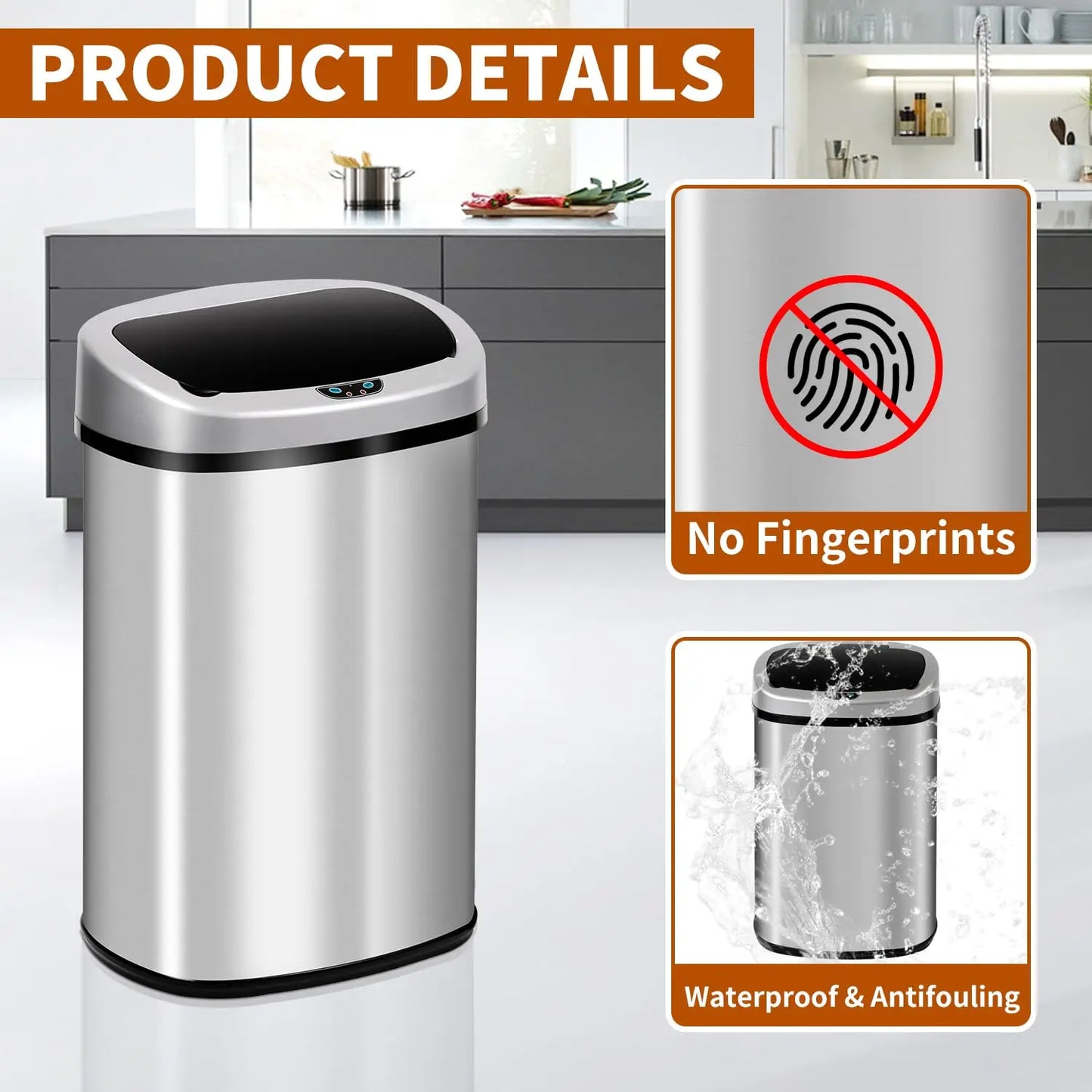13-Gallon Kitchen Trash Can, Tall AutomaticTouchfree Motion Sensor