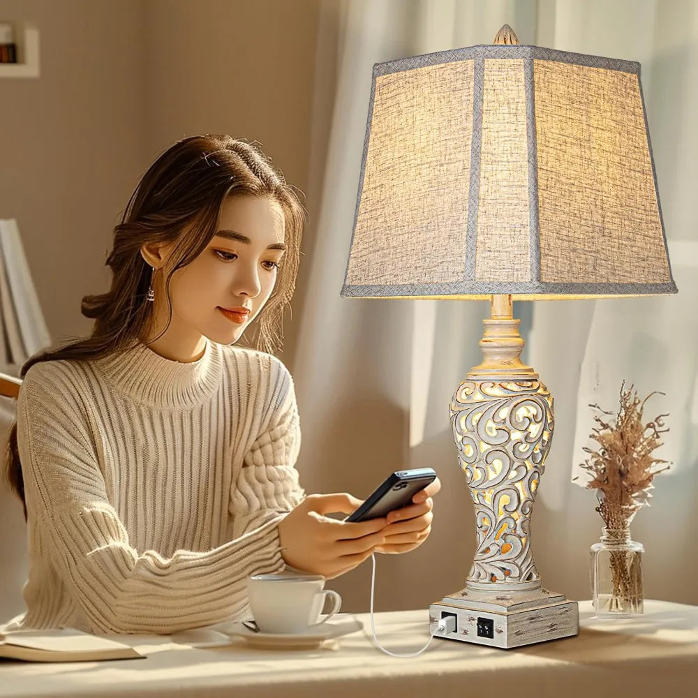 28.5" Table Lamps Set of 2 with Fabric Shades for Bedroom and Living Room with USB