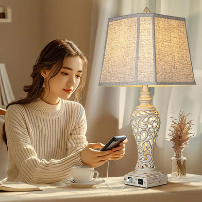 28.5" Table Lamps Set of 2 with Fabric Shades for Bedroom and Living Room with USB