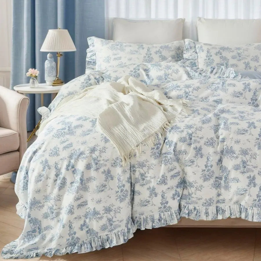 Vintage French Country Toile Duvet Cover Set for Bedroom, 100 Cotton Delicate Ruffle