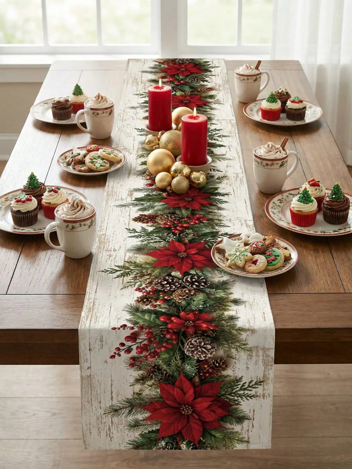 1pc Christmas Gold & Red Bow & Christmas Ball Print Table Runner, Cream White Linen-Feel Dining Table Cloth With Snowflake & Pearl Decorative Pattern