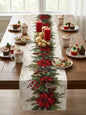 1pc Christmas Gold & Red Bow & Christmas Ball Print Table Runner, Cream White Linen-Feel Dining Table Cloth With Snowflake & Pearl Decorative Pattern