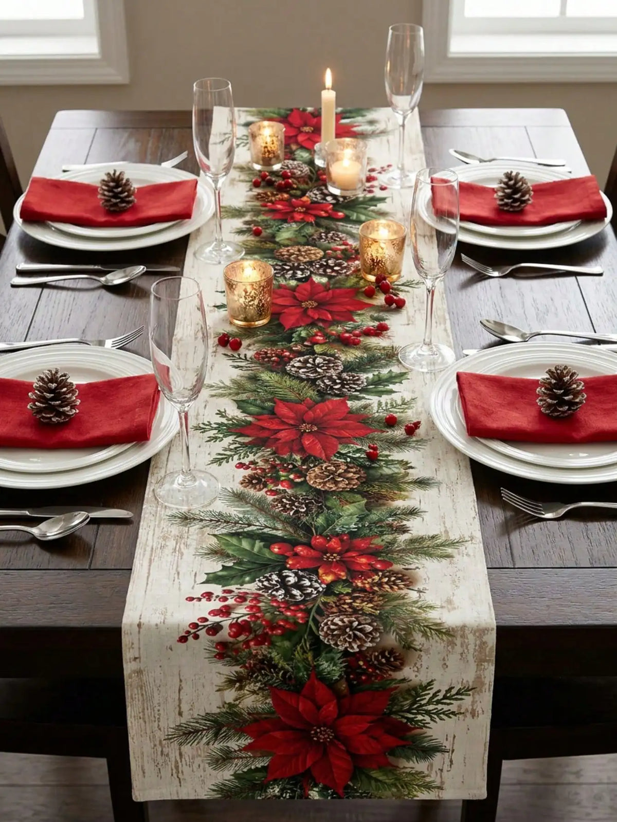 1pc Christmas Gold & Red Bow & Christmas Ball Print Table Runner, Cream White Linen-Feel Dining Table Cloth With Snowflake & Pearl Decorative Pattern