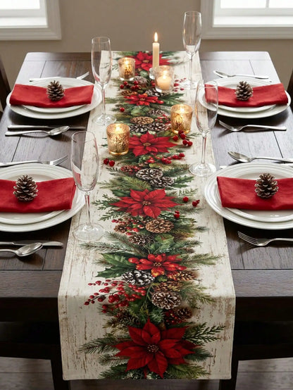1pc Christmas Gold & Red Bow & Christmas Ball Print Table Runner, Cream White Linen-Feel Dining Table Cloth With Snowflake & Pearl Decorative Pattern