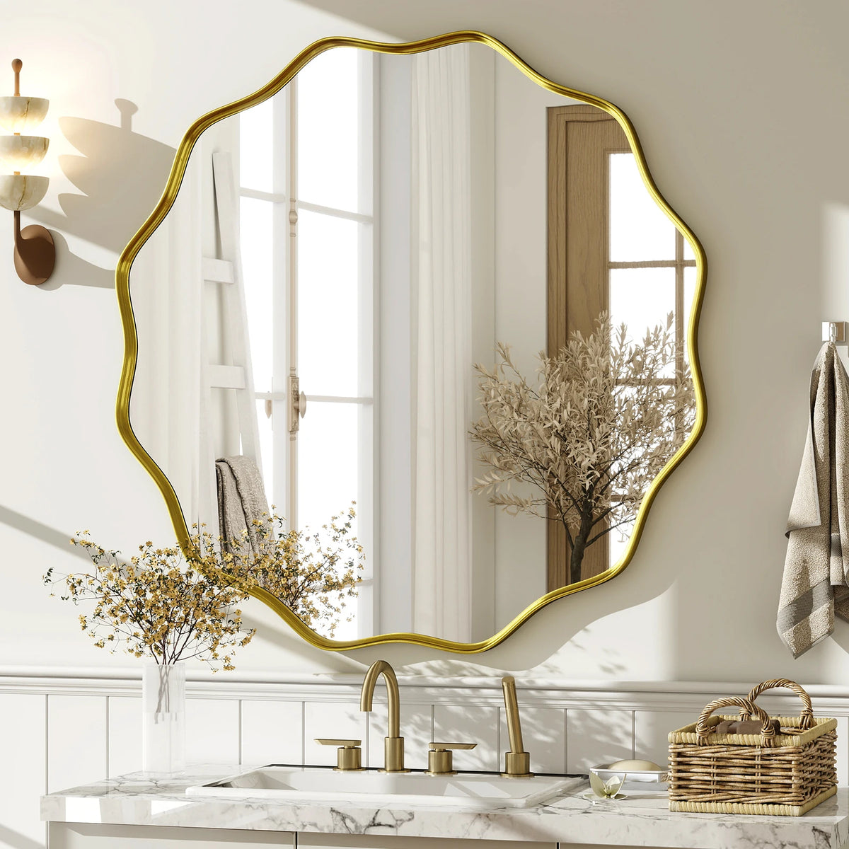 Decorative Wavy Round Bathroom Mirror with Deep Frame