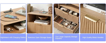 Nightstand with Charging Station, Fluted Bedside Table with 2 Storage Drawers & Open Shelf