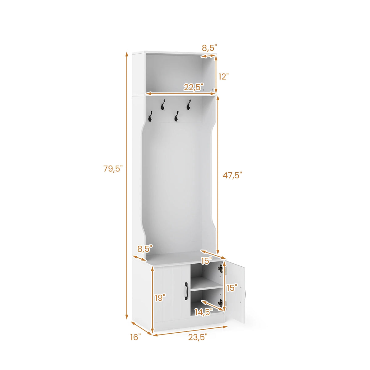 3-in-1 Hall Tree w/ Bench Storage, Adjustable Shelves with Hanging Hooks for Entryway