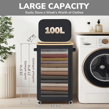 100L Rolling Laundry Basket with Wheels and Lid, with Removable Wash Bag
