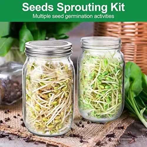 Sprouting Jar Kit 32 Oz – 2 Mason Jars with Lids, Sleeves, Tray & Brush
