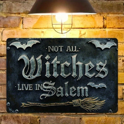 Halloween Metal Sign with Bat And Broom Design - The Witch Lives in Salem