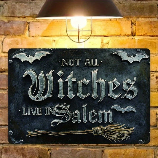Halloween Metal Sign with Bat And Broom Design - The Witch Lives in Salem