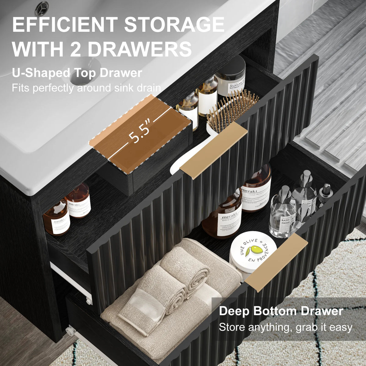 24' Floating Bathroom Vanity with Sink, Modern Wall Mounted Cabinet, 2 Drawers with Black Handles, for Bathroom/Laundry Room