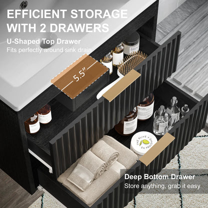 24' Floating Bathroom Vanity with Sink, Modern Wall Mounted Cabinet, 2 Drawers with Black Handles, for Bathroom/Laundry Room
