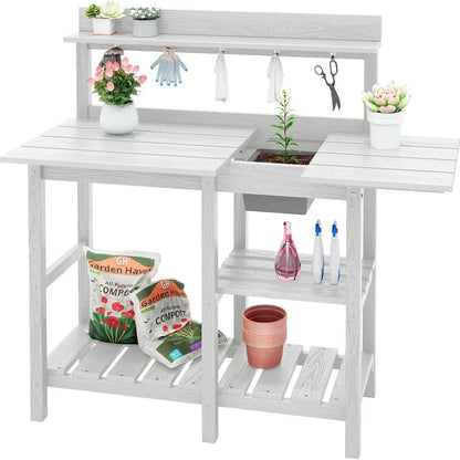 Portable Outdoor Garden Workbench with Detachable Sink, Weather-Resistant HDPE Table- White