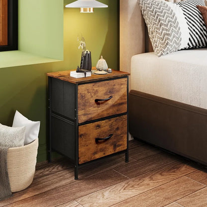 Compact Two Drawer Nightstand with Fabric Bins Wooden Top