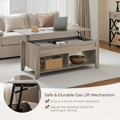 Lift-Top Coffee Table with Quiet Hydraulic Mechanism, Gray Finish 47.5 Inch Surface, Adjustable Height Work-Space