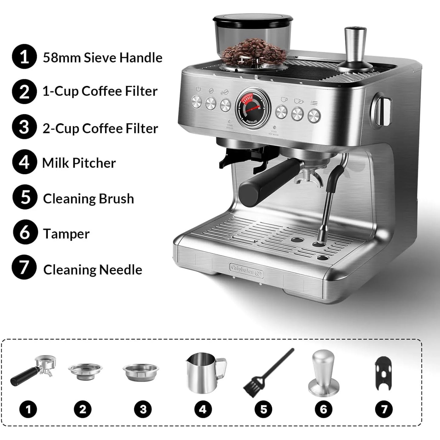 Espresso Machine with Grinder,20 Bar pressure with PID Control Milk Frother, Steam Wand 95Oz Water Tank