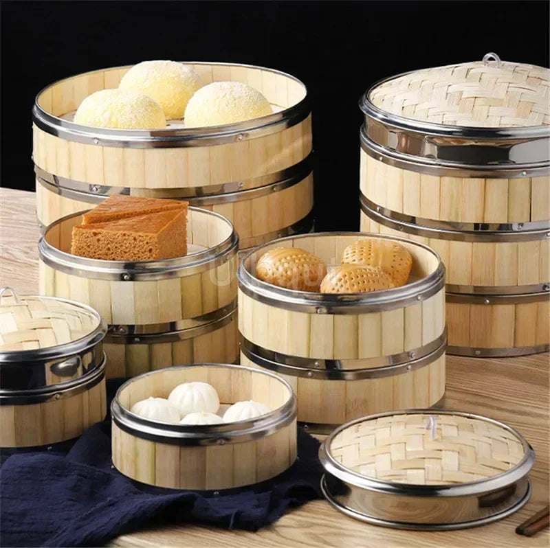 Bamboo Food Steamer basket with Stainless Steel Banding