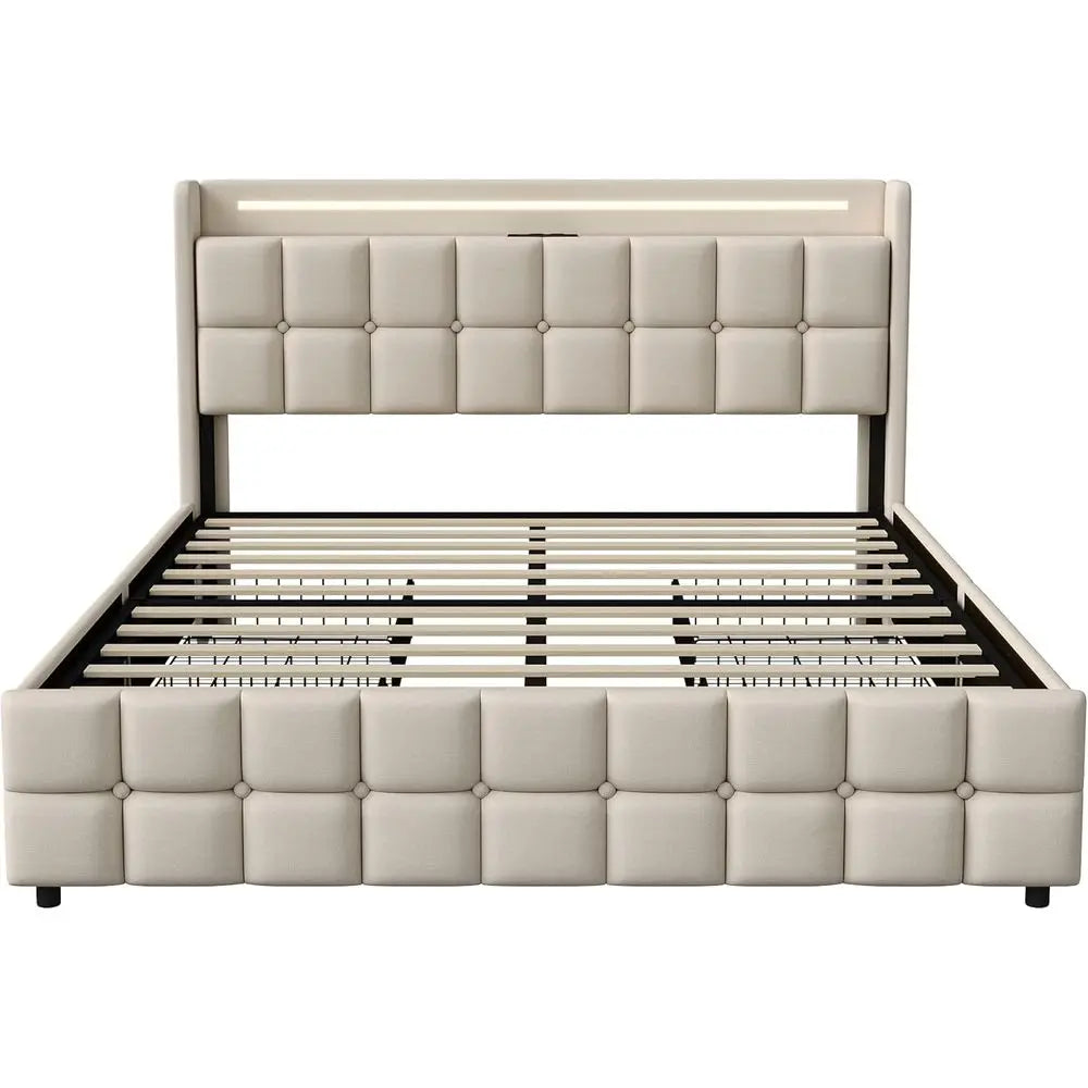 Double Bed 160x200cm with storage, Padded with Slatted Base, USB Ports, RGB Lights, Ideal for Teens