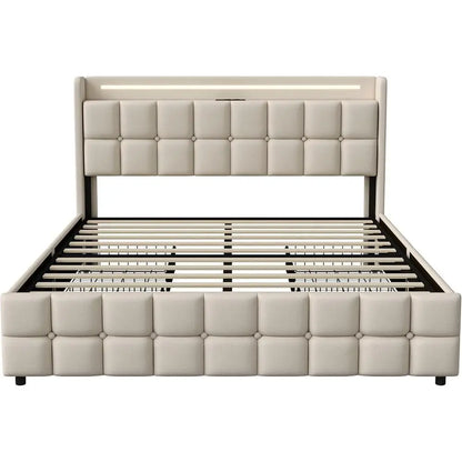 Double Bed 160x200cm with storage, Padded with Slatted Base, USB Ports, RGB Lights, Ideal for Teens