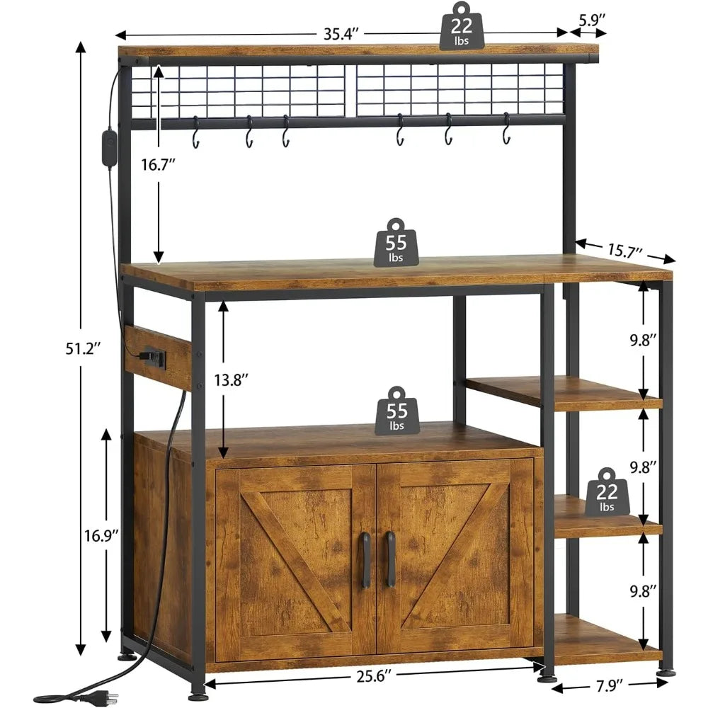 Bakers Rack with Power Outlet and LED Light, Microwave Stand with Storage Cabinet