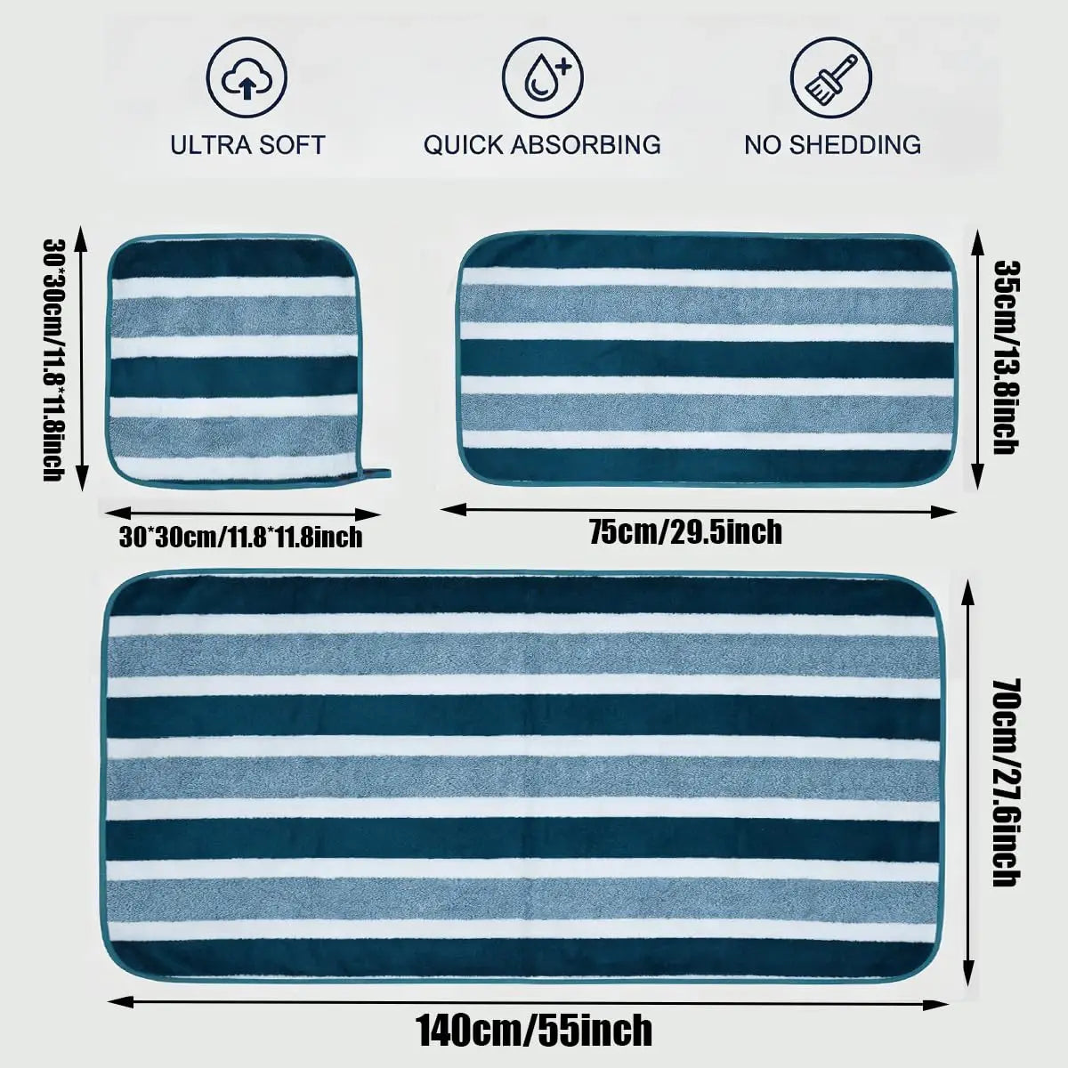 18pcs Luxury Bath Towels Set - Quick-Dry Highly Absorbent Plush Soft Coral Fleece-like Texture, Multi-Size Family Bathroom Towels with Hanging Loops (30x30cm, 70x140cm) for Home, Hotel & Spa - Navy & Striped Design