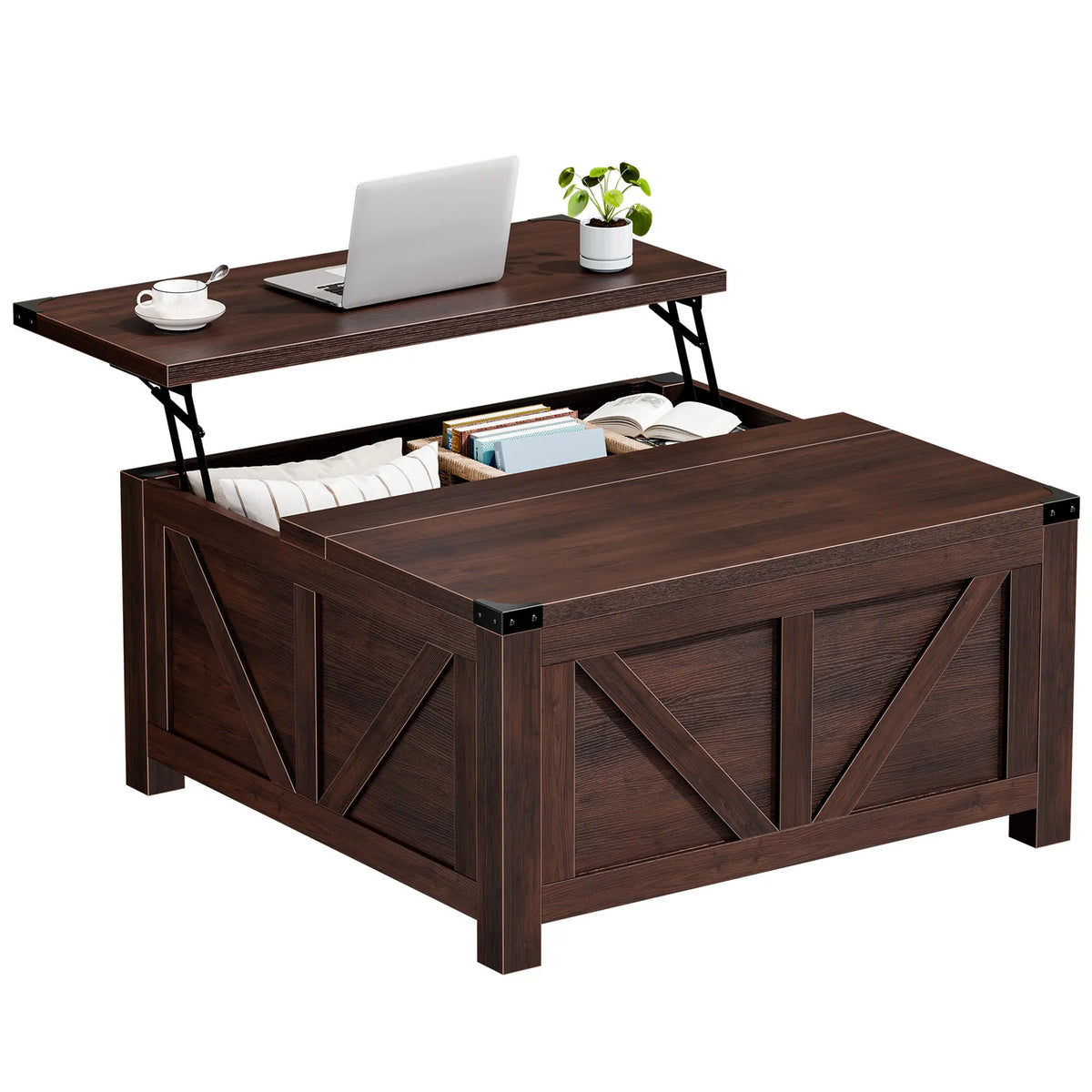 35.6IN Lift Top Coffee Table with Charging Station and Storage Shelf, Easy Lift Or Lower, Square Wood Table, Hidden Storage for Living Room