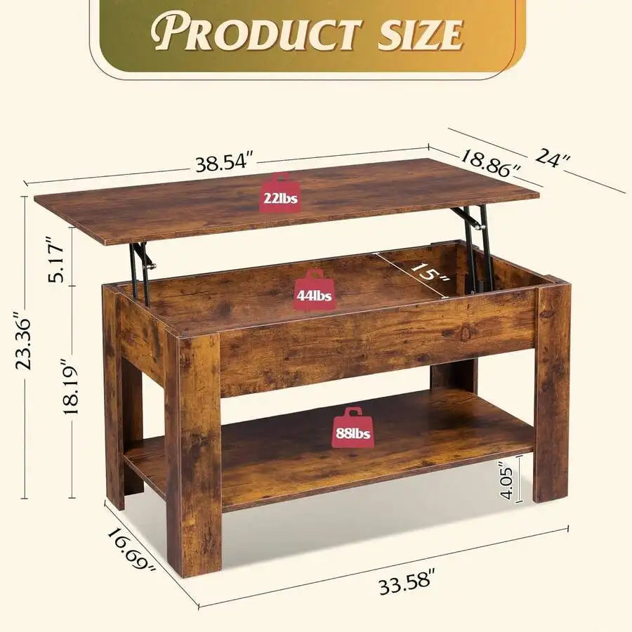 39 Inch Lift Top Coffee Table With Hidden Storage Compartment & Open Shelf, Rustic Wood Coffee Table With Storage