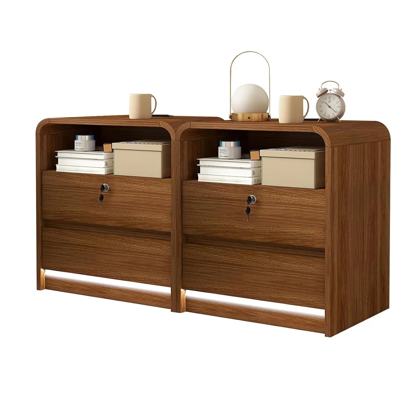 23.6" Walnut Nightstand with Charging Station, Mid Century Modern