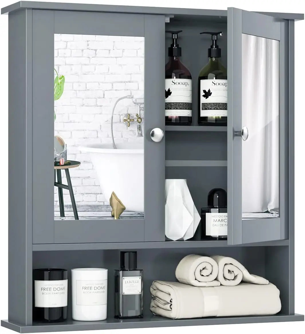 Bathroom Medicine Cabinet With Mirror, Wall Mounted Wooden Organizer With Doors And Shelves