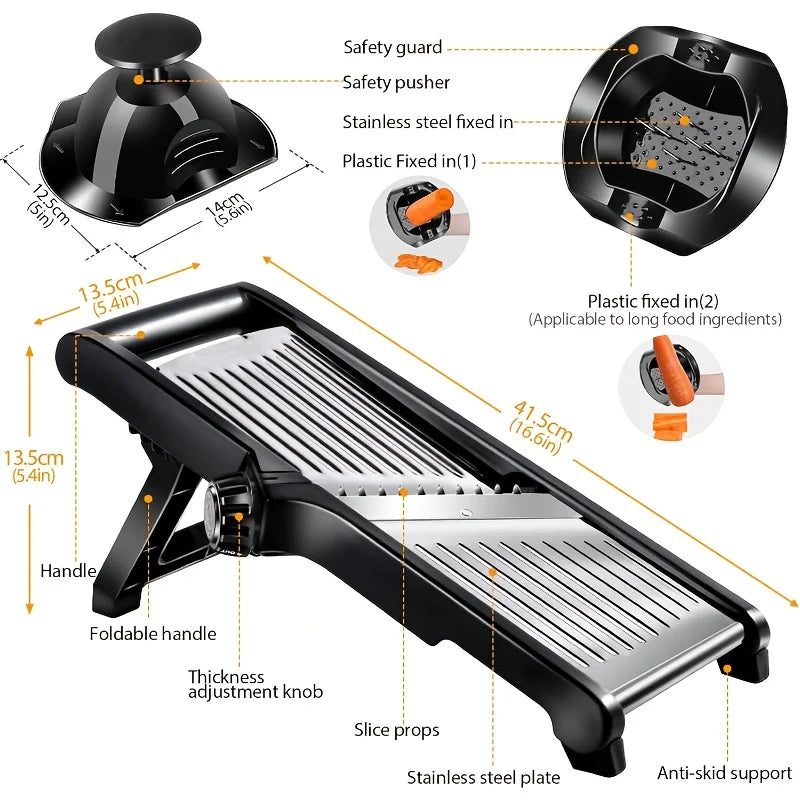 Stainless Steel Mandoline Slicer with 5 Blades & Safe Hand Guard