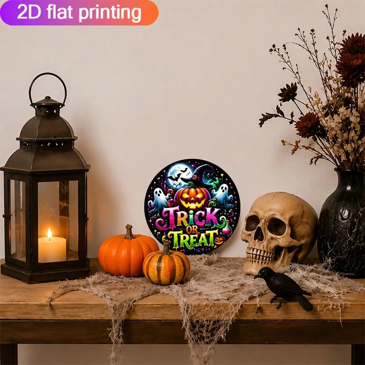 1 Piece Halloween Home Decoration, Aluminum Sign 7.87inch Square Metal Sign With Pumpkin, Ghost, And Witch Hat