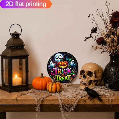 1 Piece Halloween Home Decoration, Aluminum Sign 7.87inch Square Metal Sign With Pumpkin, Ghost, And Witch Hat
