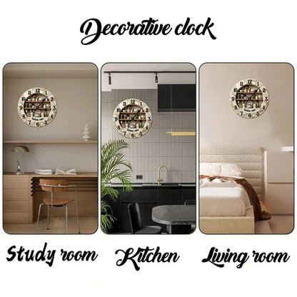 2D Flat Kitchen Rules Design, Wooden Round Silent Hanging Wall Clock,For Living Room,Office,Study Room,Bedroom, Home Decoration