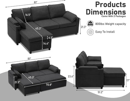 Sofa Bed Sleeper w/Pull Out and Storage,USB, Cup Holder