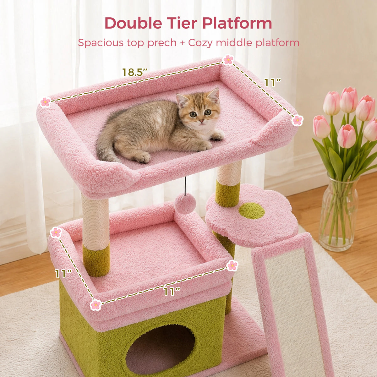 Small Cat Tree for Indoor Cat, Tower with Sisal Scratching Post and Pad, Wide Top Perch