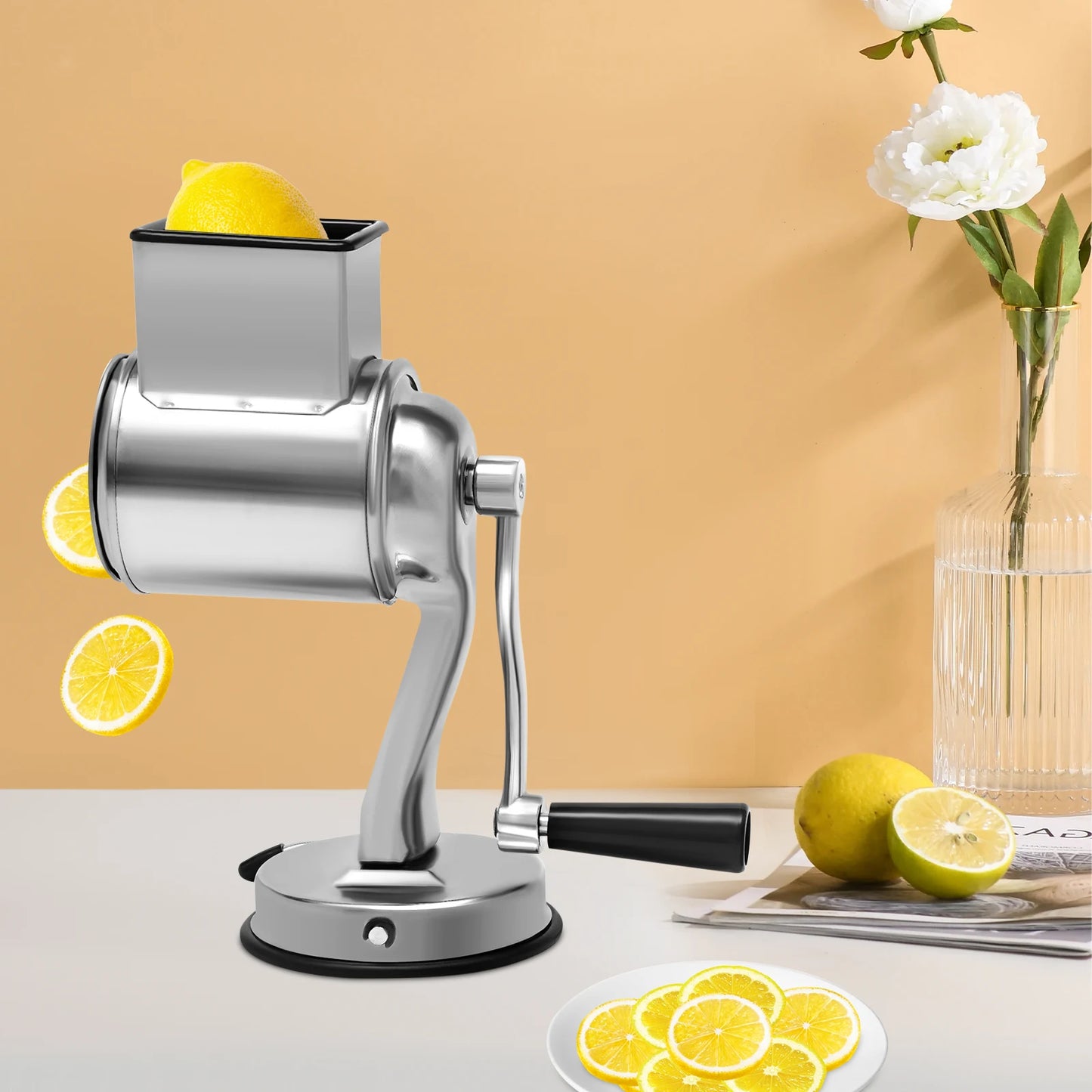 Rotary Grater, Stainless Steel Slicer with 5 Blades & Suction Cup Base