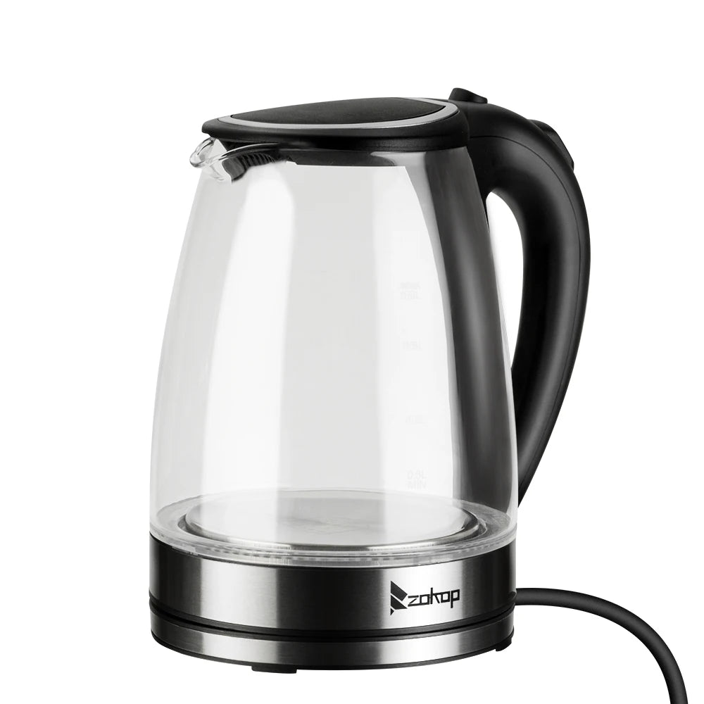 110V 1200W 1.8L Electric Glass Kettle, US Plug, Borosilicate Glass, Blue LED Auto Shut Off 360 Rotation Base