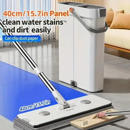Ultra-Slim Flat Mop and Bucket System, Hands-Free Wash & Dry Set with 2 Microfiber Pads, 360° Swivel Mop with Squeegee Edge for Hardwood Tile Laminate