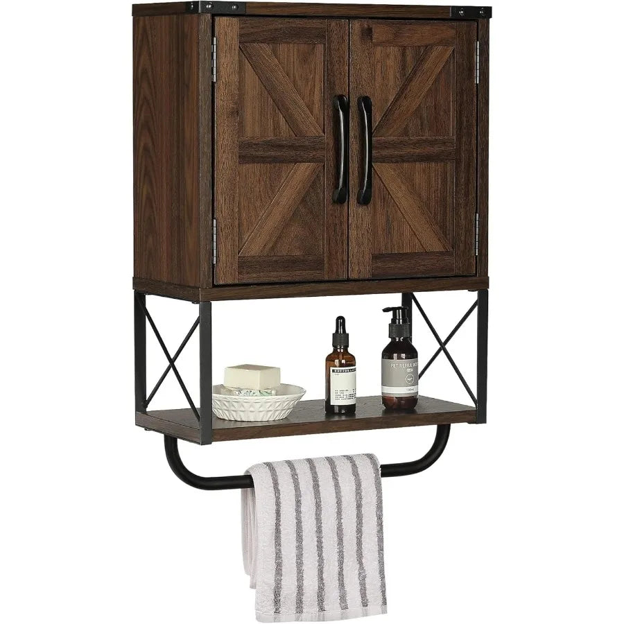 Farmhouse Rustic Medicine Cabinet With Two Barn Doors,Wood, Wall Mounted With Adjustable Shelf And Towel Bar