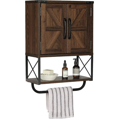 Farmhouse Rustic Medicine Cabinet With Two Barn Doors,Wood, Wall Mounted With Adjustable Shelf And Towel Bar