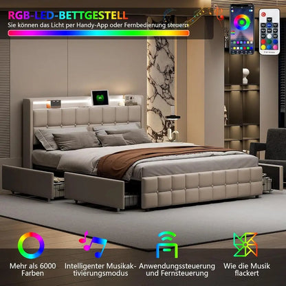 Double Bed 160x200cm with storage, Padded with Slatted Base, USB Ports, RGB Lights, Ideal for Teens