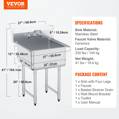 Stainless Steel Kitchen Prep & Utility Sink, 1 Compartment Sink w/Faucet
