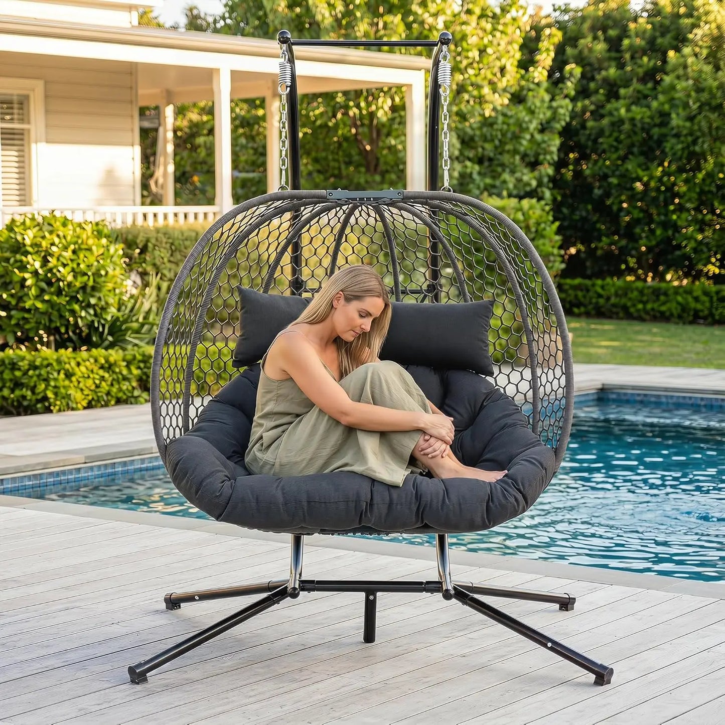 Double Outdoor Egg Swing Chair with Stand