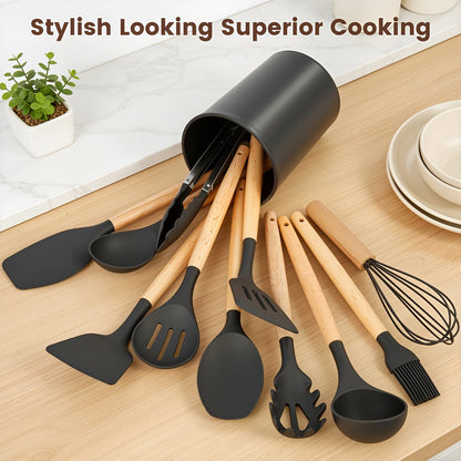 Silicone Wooden Handle 44-Piece Non-Stick  Kitchen Utensil Set, Food-Grade Heat-Resistant Cookware Set for Kitchen & Baking