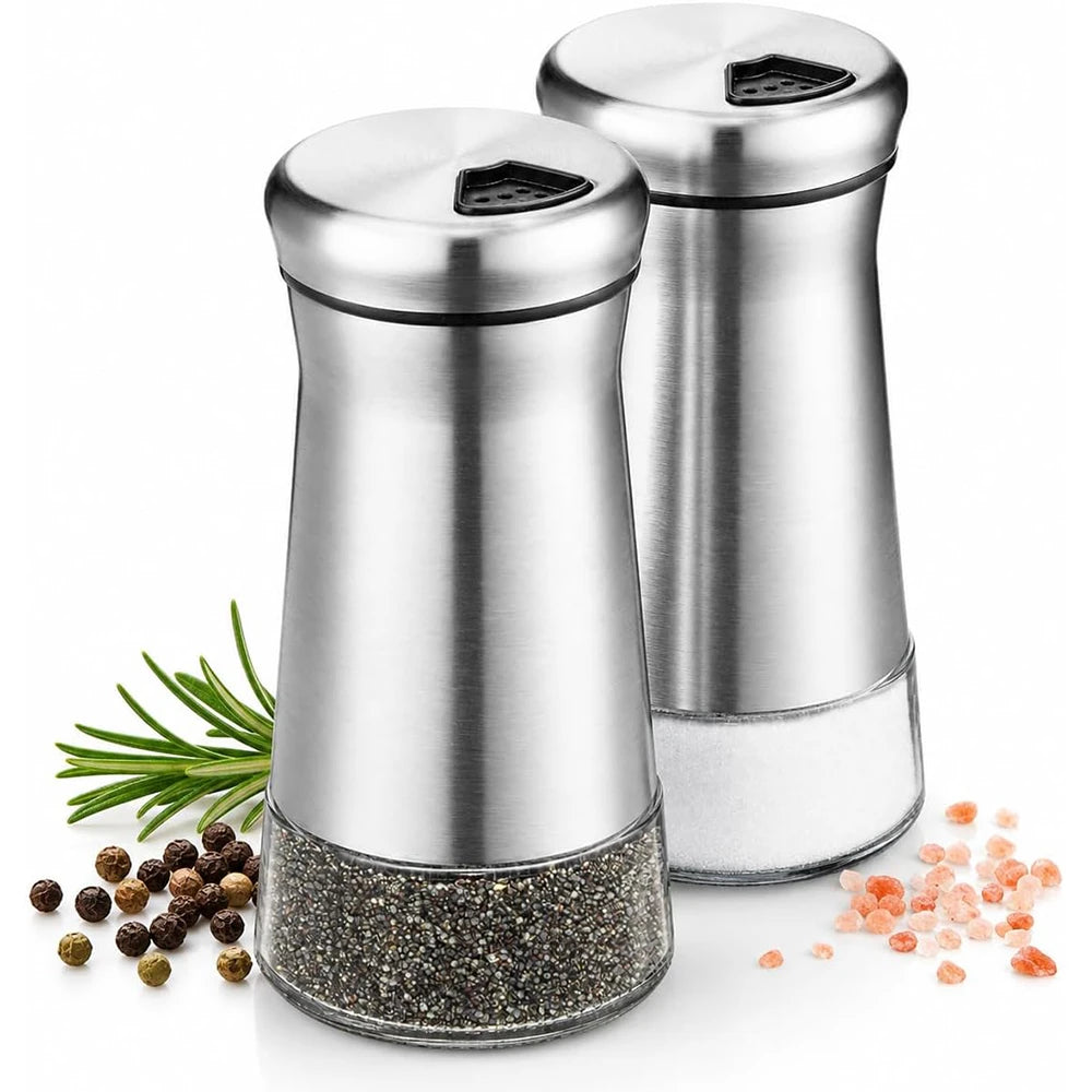 Glass Salt/Pepper Shakers, Stainless Steel Spice Dispenser with Adjustable Pour Holes, Kitchen Items