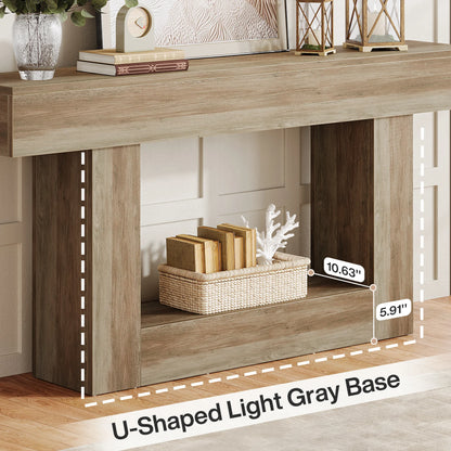 63" Console Table, Farmhouse 2-Tier Entryway Table with U-Shaped Base, Narrow Long Wood Sofa Table, Behind Couch Table